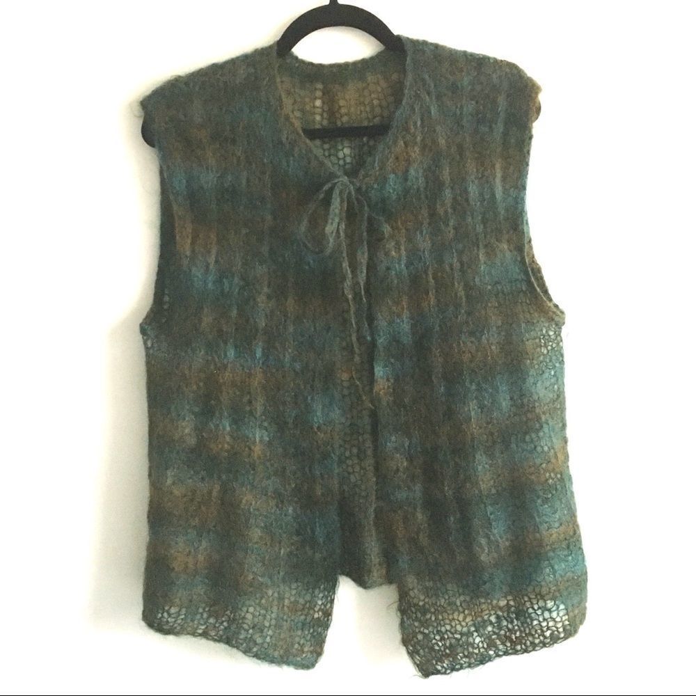 HAND KNIT Vintage Mohair Sleeveless Open Cardigan Vest Tie Neck Green Blue S/M - Picture 3 of 7